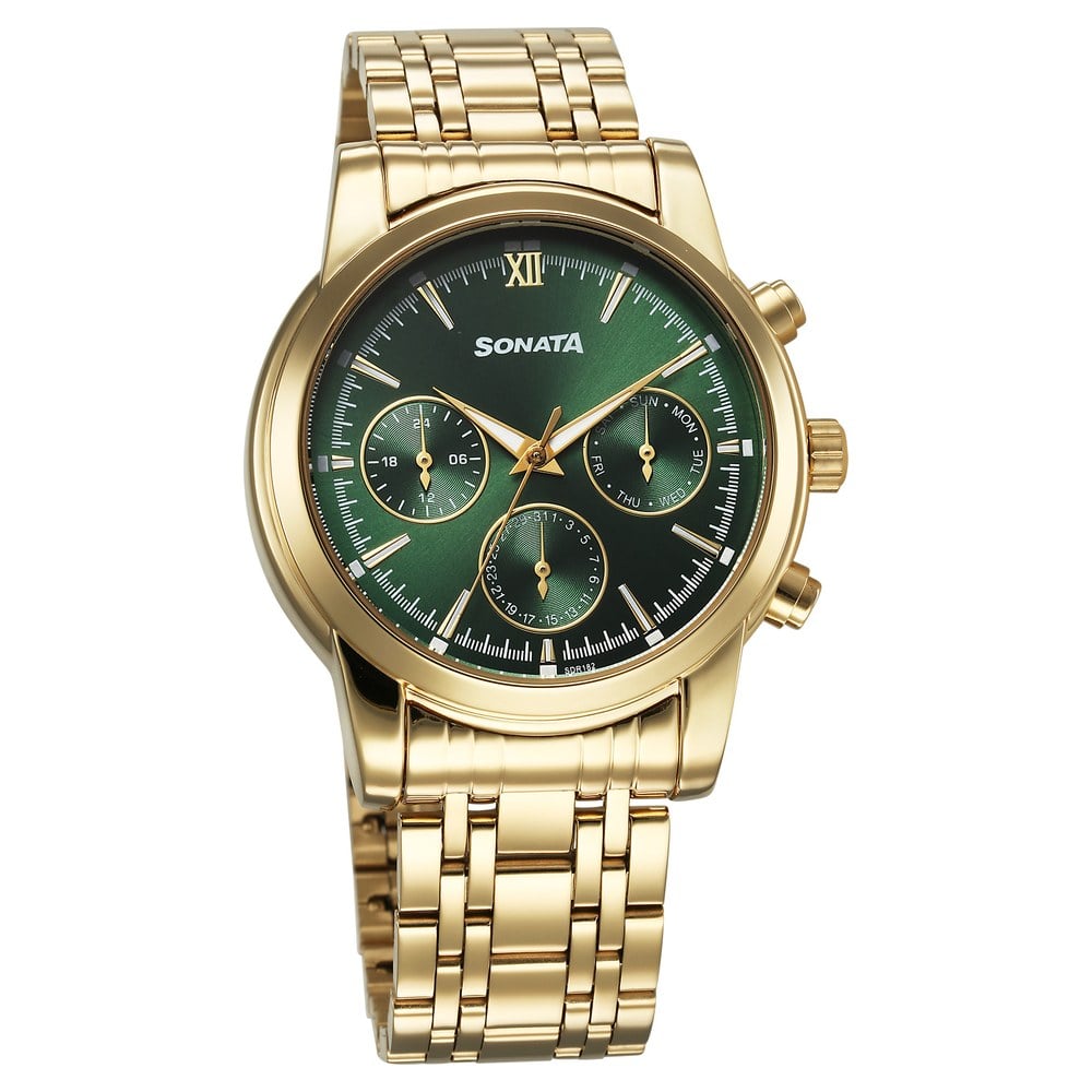 Sonata Wedding Multifunction Green Dial Stainless Steel Strap Watch For Men image 1