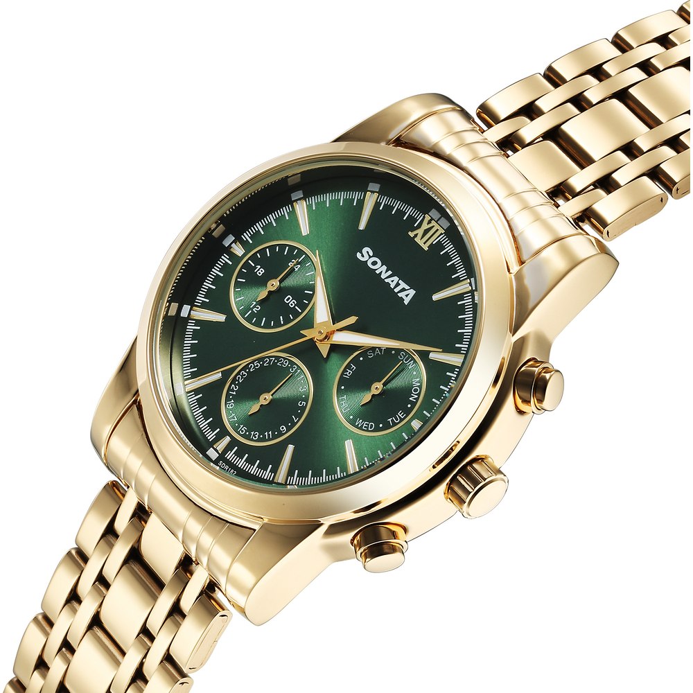 Sonata Wedding Multifunction Green Dial Stainless Steel Strap Watch For Men image 2