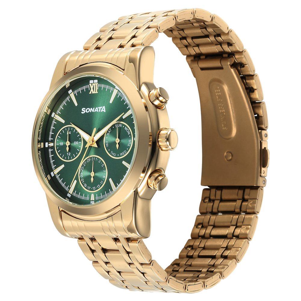 Sonata Wedding Multifunction Green Dial Stainless Steel Strap Watch For Men image 3
