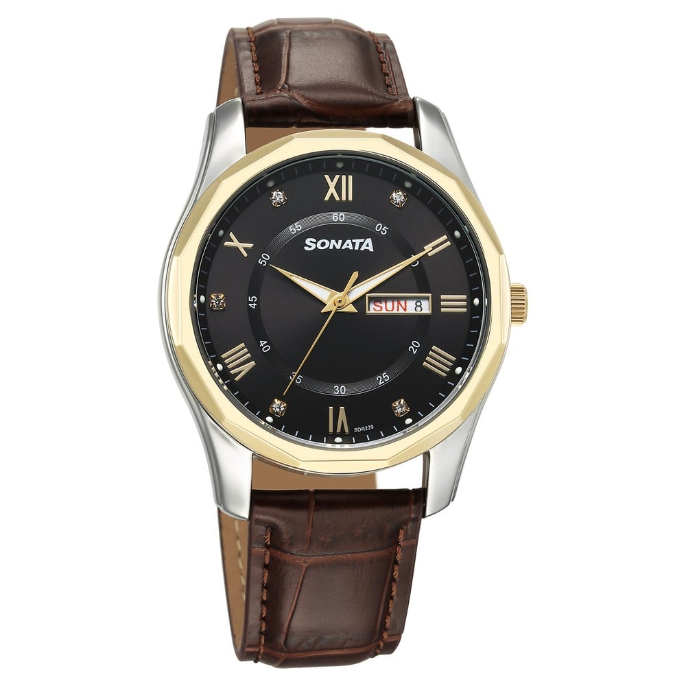 Sonata Wedding Quartz Analog Black Dial Leather Strap Watch For Men image 1
