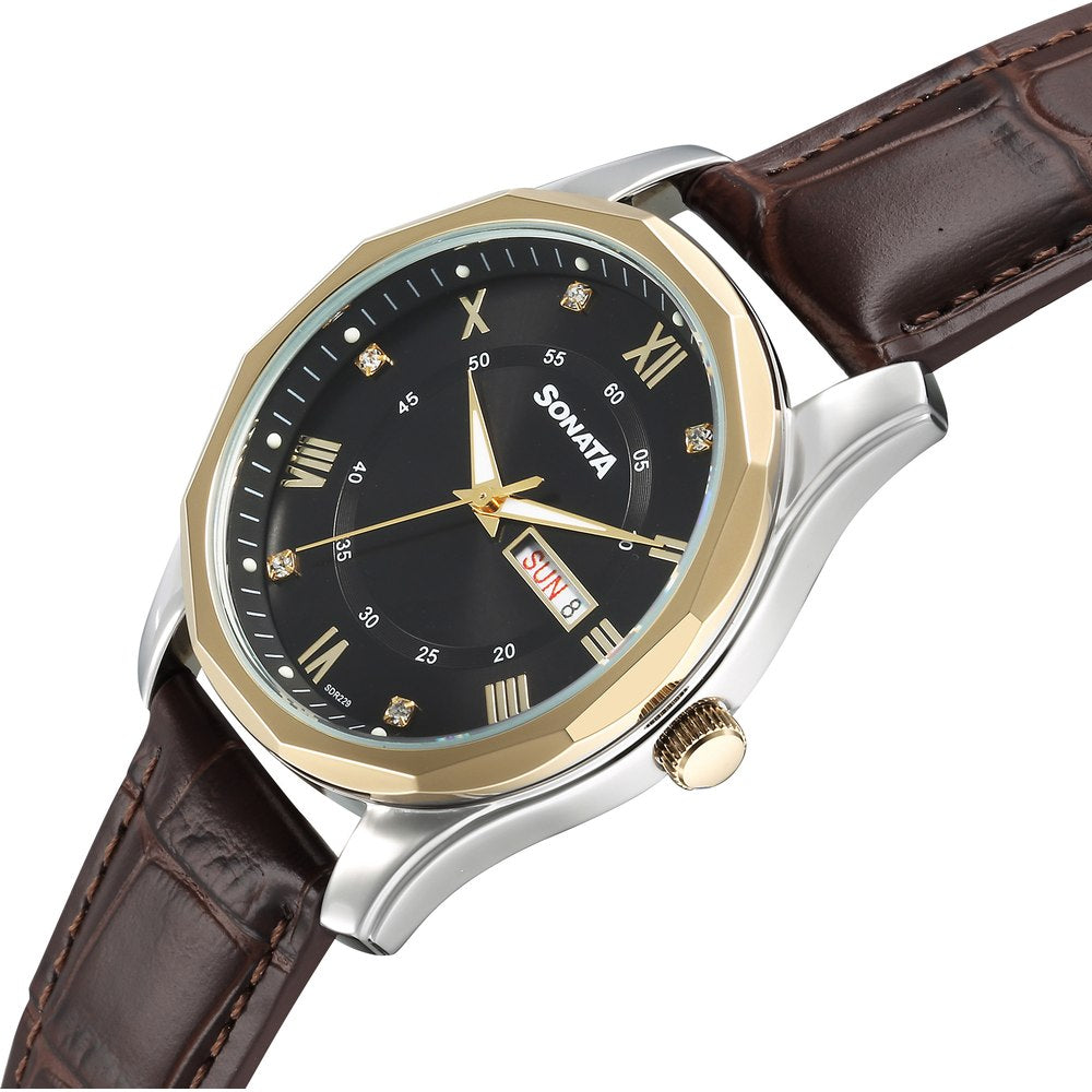 Sonata Wedding Quartz Analog Black Dial Leather Strap Watch For Men image 2