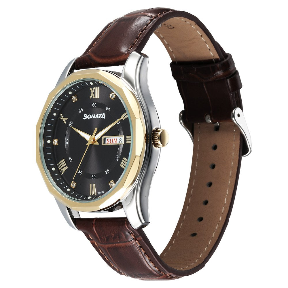 Sonata Wedding Quartz Analog Black Dial Leather Strap Watch For Men image 3