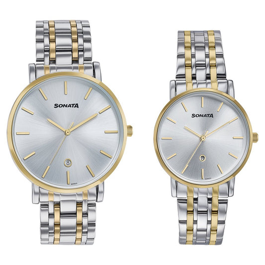 Sonata Wedding Edit Quartz Analog with Date Silver Dial Stainless Steel Strap Watch For Pair image 1