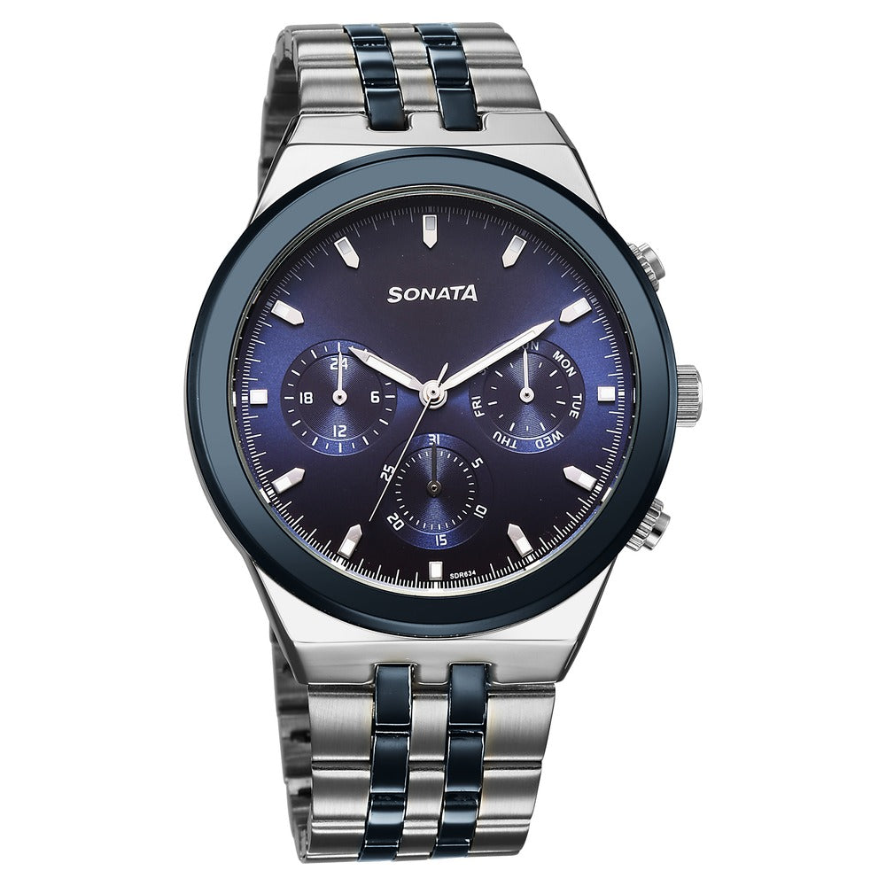 Sonata Eternia Quartz Multifunction Blue Dial Metal Strap Watch For Men image 1