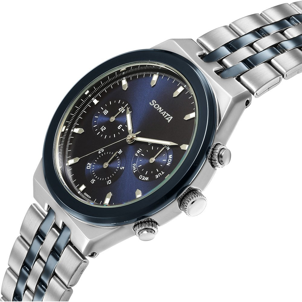 Sonata Eternia Quartz Multifunction Blue Dial Metal Strap Watch For Men image 3