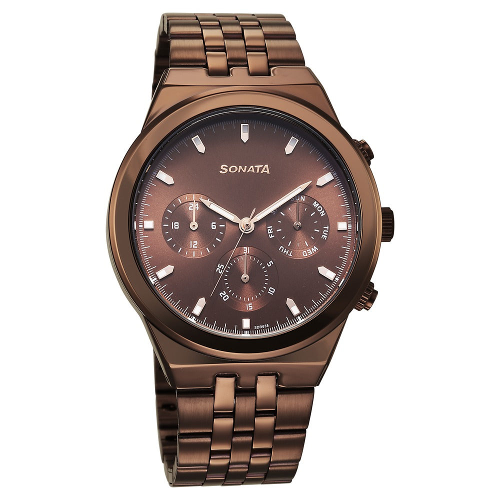 Sonata Eternia Quartz Multifunction Brown Dial Metal Strap Watch For Men image 1