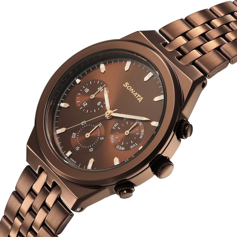 Sonata Eternia Quartz Multifunction Brown Dial Metal Strap Watch For Men image 3