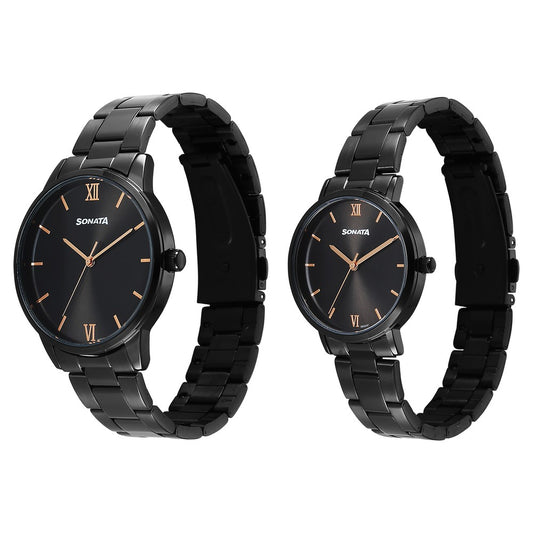 Sonata Perfect Pairs Quartz Analog Black Dial Black Metal Strap Watch For Couple image 2