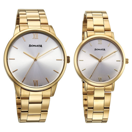 Sonata Perfect Pairs Quartz Analog Silver Dial Golden Metal Strap Watch For Couple Style NU7718287071YM01 image 1