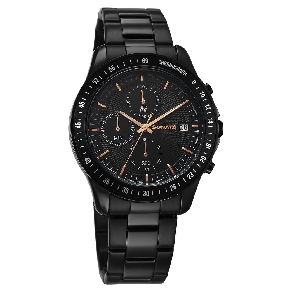 Sonata Chronos Quartz Analog with Date Black Dial Black Colour Stainless Steel Strap Watch For Men image 1