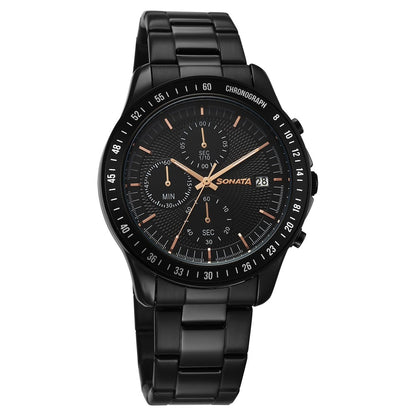 Sonata Chronos Quartz Analog with Date Black Dial Black Colour Stainless Steel Strap Watch For Men image 1