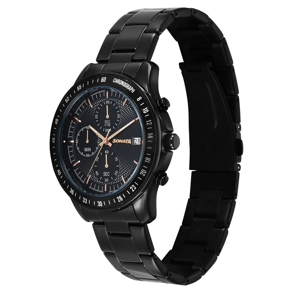 Sonata Chronos Quartz Analog with Date Black Dial Black Colour Stainless Steel Strap Watch For Men image 2