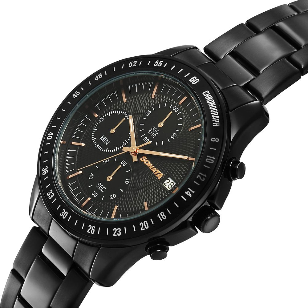 Sonata Chronos Quartz Analog with Date Black Dial Black Colour Stainless Steel Strap Watch For Men image 3
