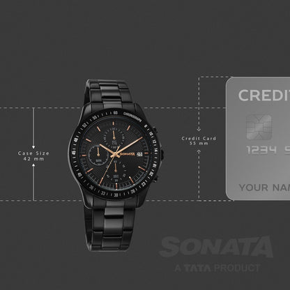Sonata Chronos Quartz Analog with Date Black Dial Black Colour Stainless Steel Strap Watch For Men image 4