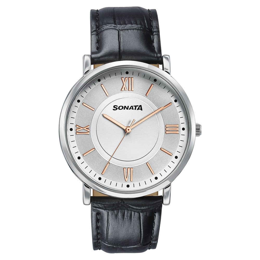 Sonata Verve Quartz Analog Silver Dial Black Leather Strap Watch For Men image 1