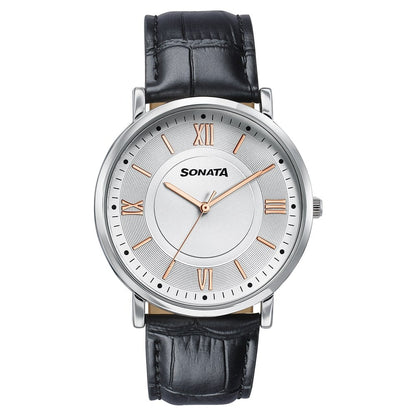 Sonata Verve Quartz Analog Silver Dial Black Leather Strap Watch For Men image 1