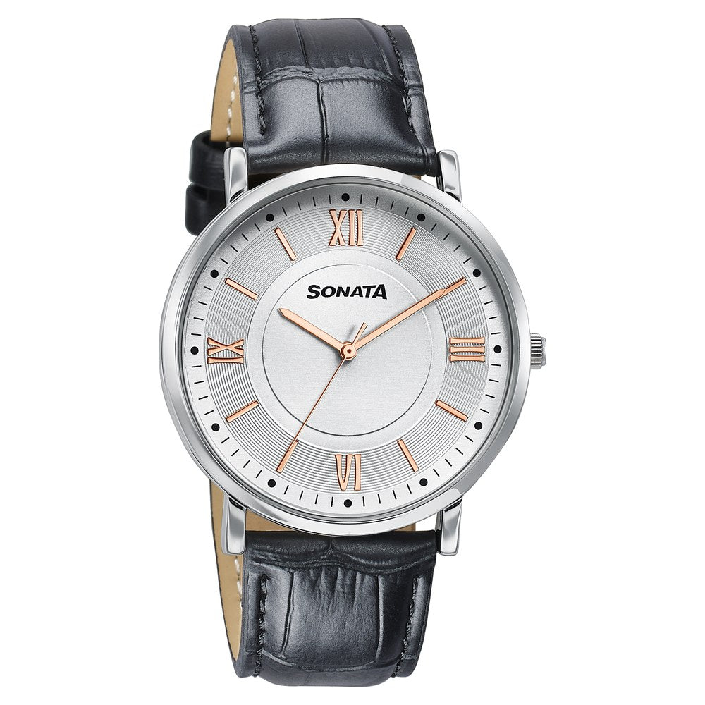 Sonata Verve Quartz Analog Silver Dial Black Leather Strap Watch For Men image 2