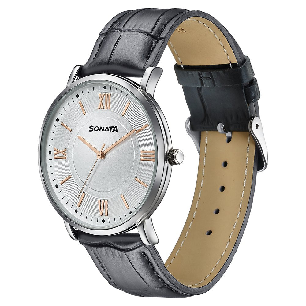 Sonata Verve Quartz Analog Silver Dial Black Leather Strap Watch For Men image 3