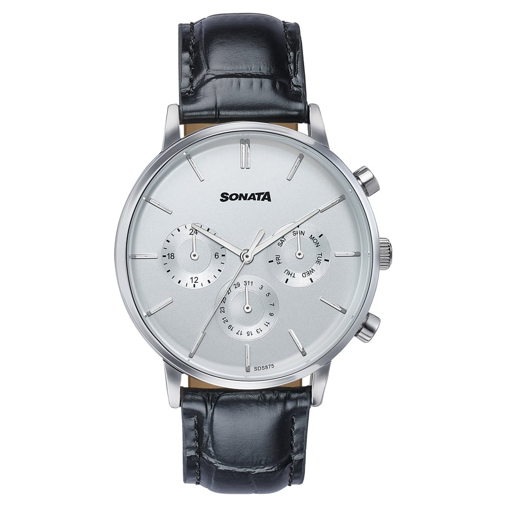 Sonata Festive Quartz Multifunction Silver Dial Black Leather Strap Watch For Men image 1