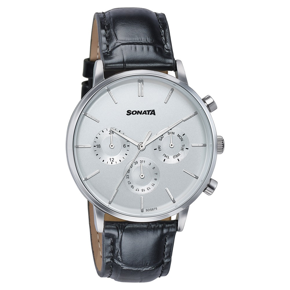 Sonata Festive Quartz Multifunction Silver Dial Black Leather Strap Watch For Men image 2