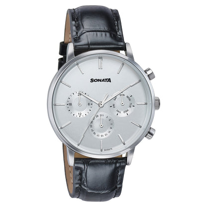 Sonata Festive Quartz Multifunction Silver Dial Black Leather Strap Watch For Men image 2