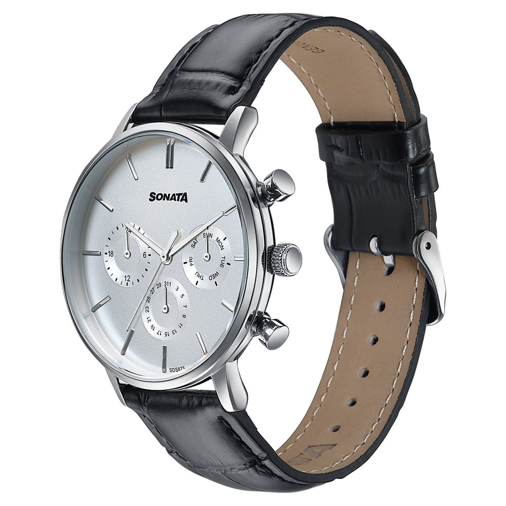 Sonata Festive Quartz Multifunction Silver Dial Black Leather Strap Watch For Men image 3