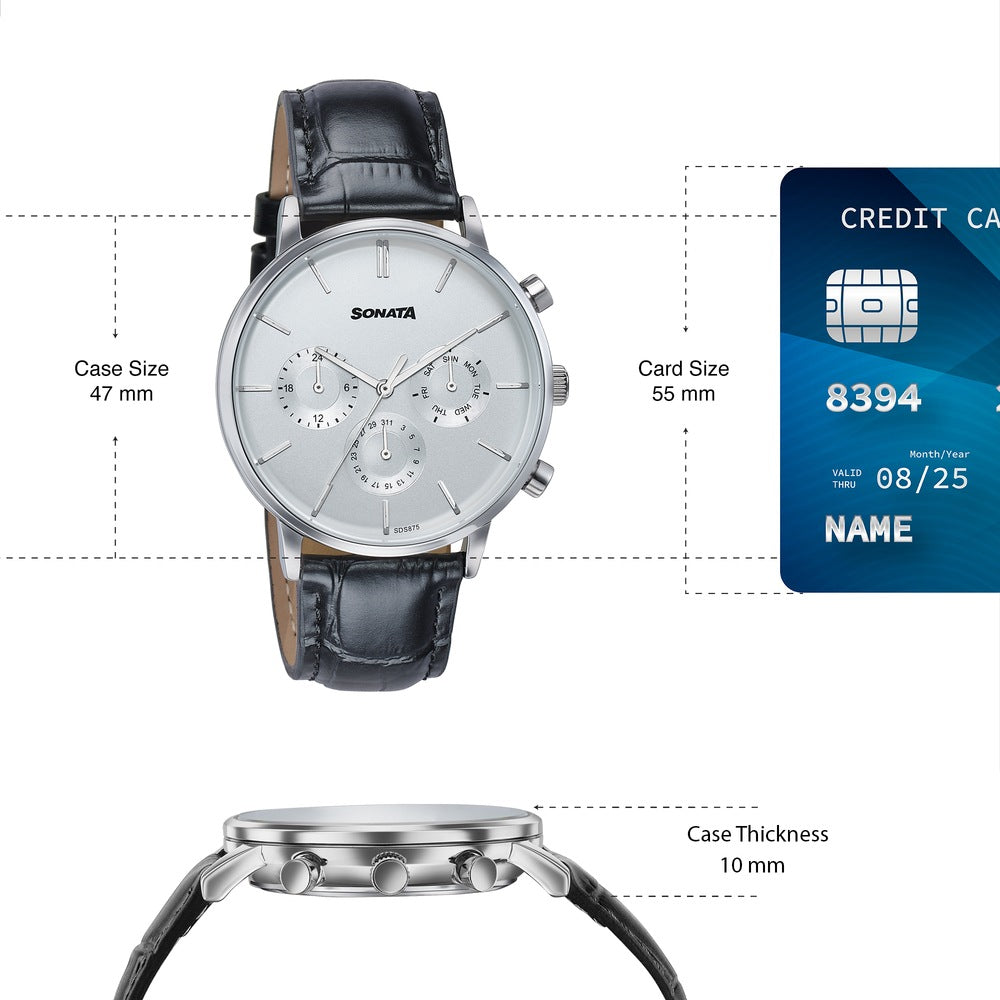 Sonata Festive Quartz Multifunction Silver Dial Black Leather Strap Watch For Men image 4