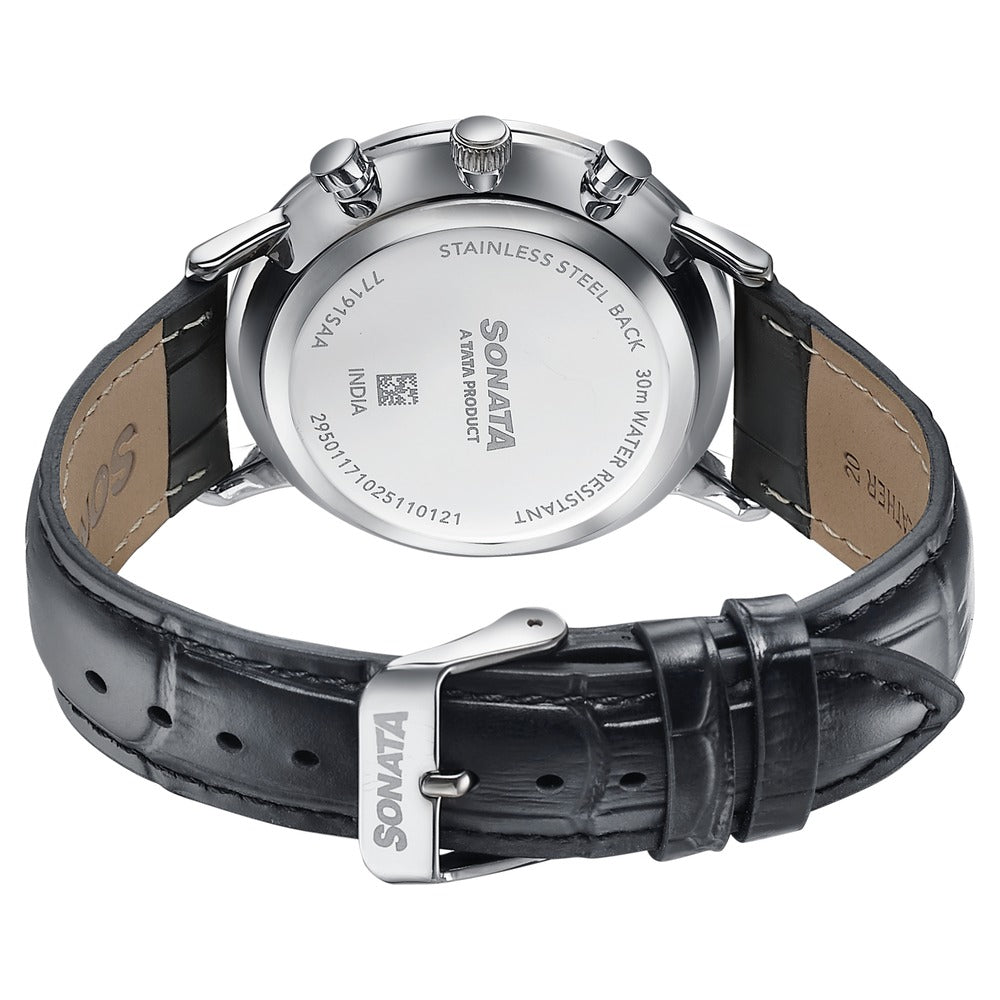 Sonata Festive Quartz Multifunction Silver Dial Black Leather Strap Watch For Men image 6