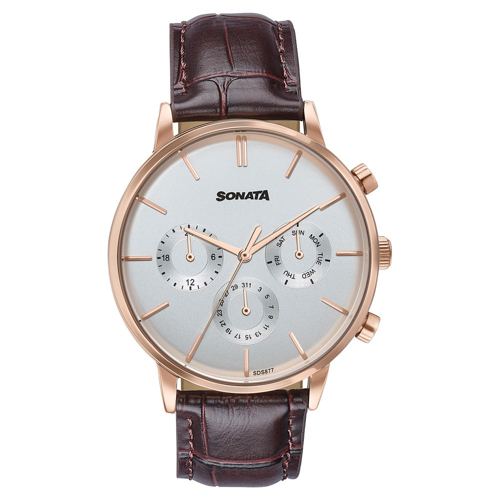 Sonata Festive Quartz Multifunction Silver Dial Brown Leather Strap Watch For Men image 1