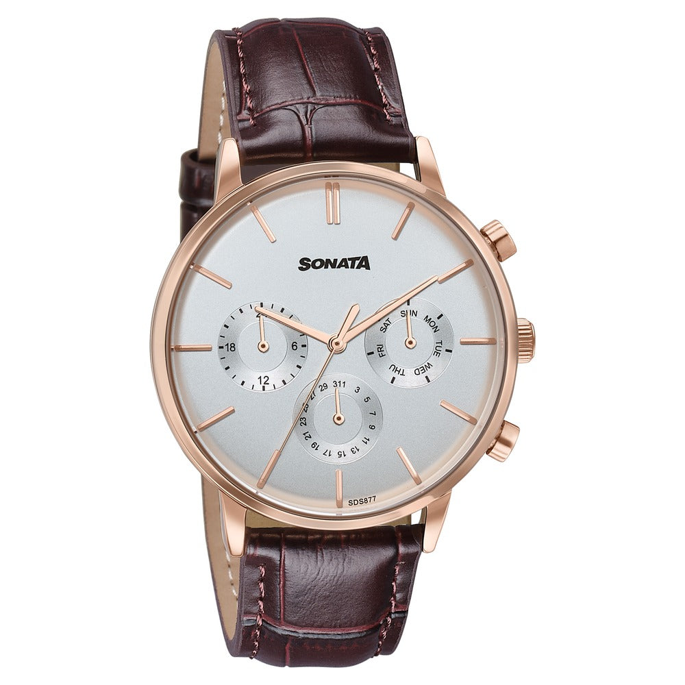 Sonata Festive Quartz Multifunction Silver Dial Brown Leather Strap Watch For Men image 2