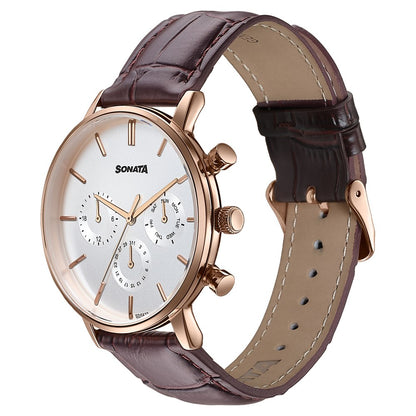Sonata Festive Quartz Multifunction Silver Dial Brown Leather Strap Watch For Men image 3