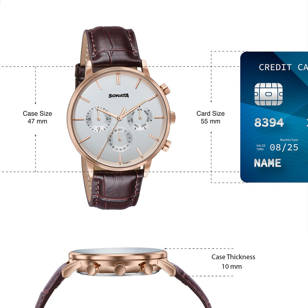 Sonata Festive Quartz Multifunction Silver Dial Brown Leather Strap Watch For Men image 4