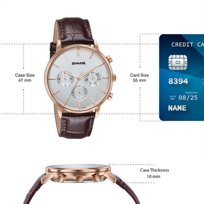 Sonata Festive Quartz Multifunction Silver Dial Brown Leather Strap Watch For Men image 4