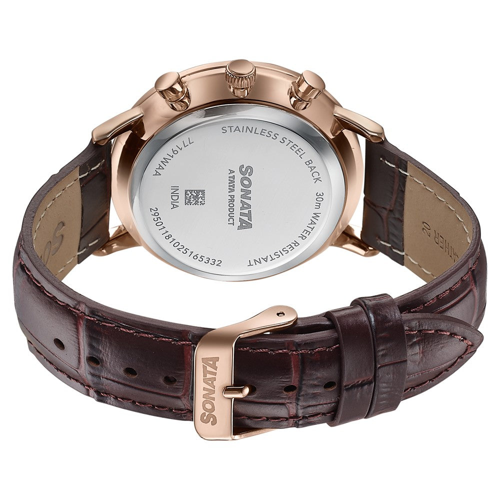 Sonata Festive Quartz Multifunction Silver Dial Brown Leather Strap Watch For Men image 6
