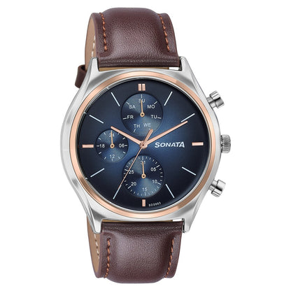 Sonata Festive Quartz Multifunction Blue Dial Brown Leather Strap Watch For Men image 2