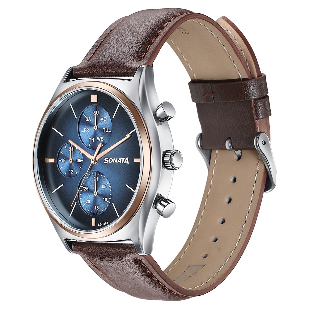 Sonata Festive Quartz Multifunction Blue Dial Brown Leather Strap Watch For Men image 3
