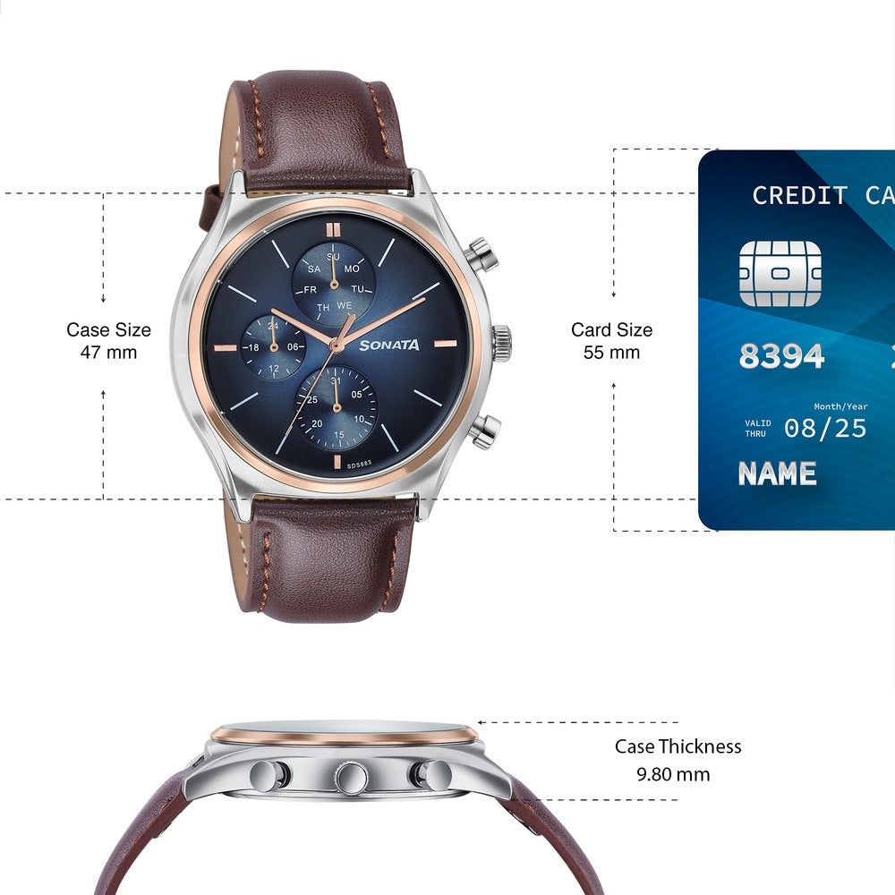 Sonata Festive Quartz Multifunction Blue Dial Brown Leather Strap Watch For Men image 4