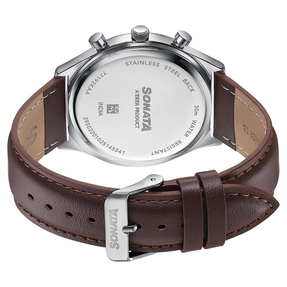 Sonata Festive Quartz Multifunction Blue Dial Brown Leather Strap Watch For Men image 6