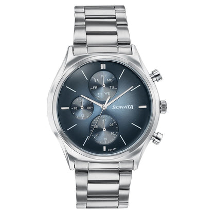 Sonata Festive Quartz Multifunction Blue Dial Silver Metal Strap Watch For Men image 1