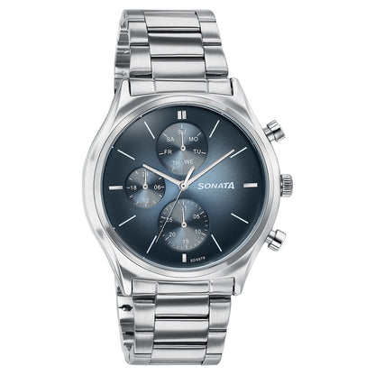 Sonata Festive Quartz Multifunction Blue Dial Silver Metal Strap Watch For Men image 2
