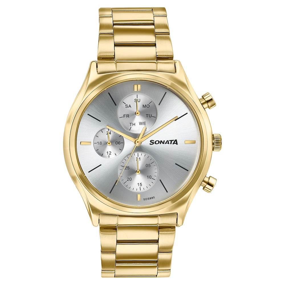 Sonata Festive Quartz Multifunction Silver Dial Gold Metal Strap Watch For Men image 1