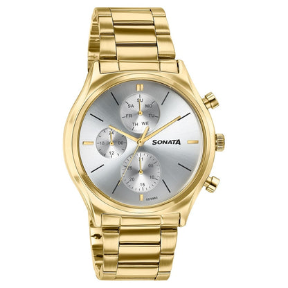 Sonata Festive Quartz Multifunction Silver Dial Gold Metal Strap Watch For Men image 2