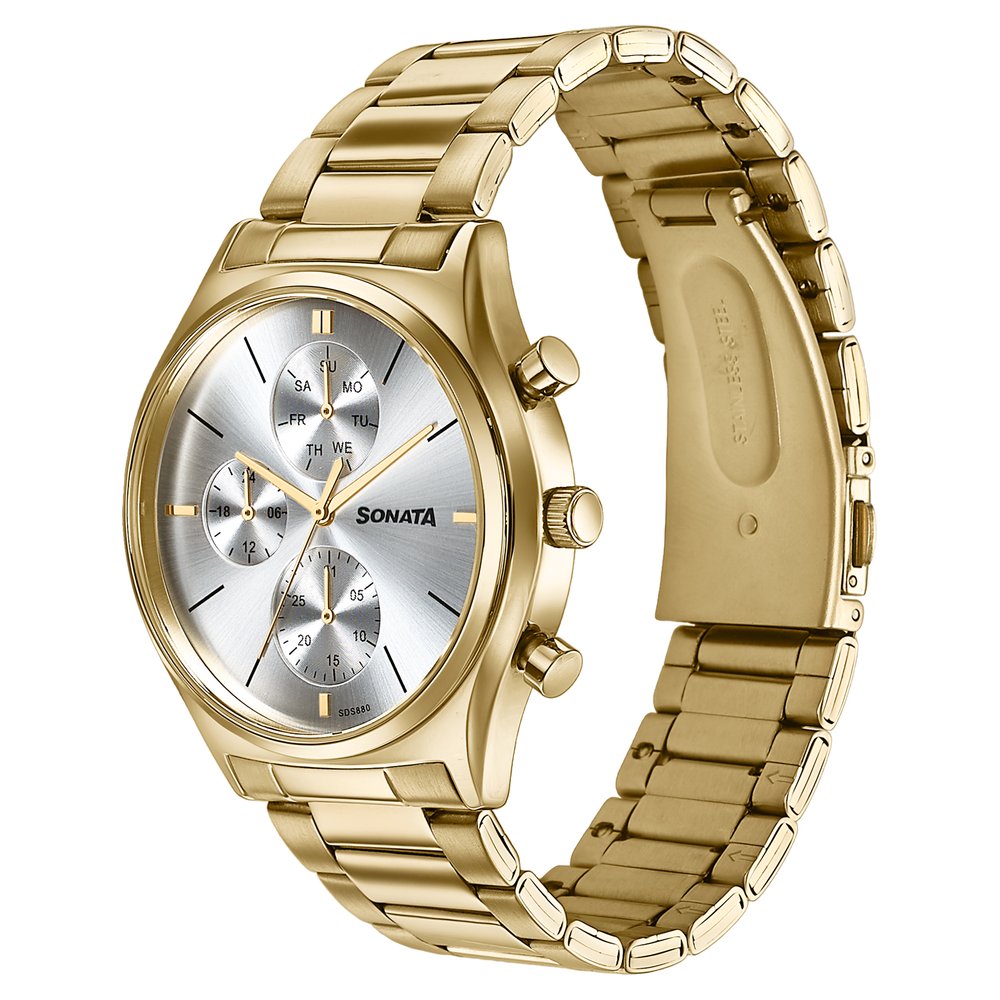 Sonata Festive Quartz Multifunction Silver Dial Gold Metal Strap Watch For Men image 3