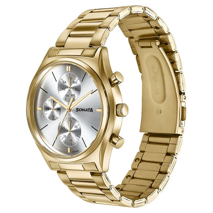 Sonata Festive Quartz Multifunction Silver Dial Gold Metal Strap Watch For Men image 3