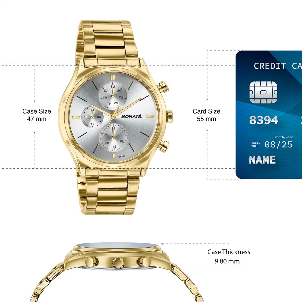 Sonata Festive Quartz Multifunction Silver Dial Gold Metal Strap Watch For Men image 4