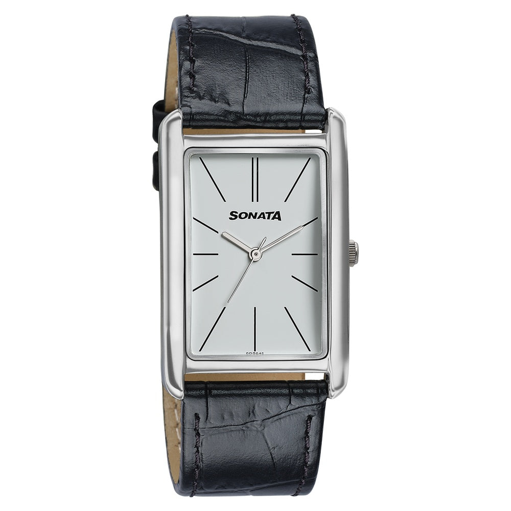 Sonata Ascent White Rectangular Watch with Leather Strap image 2