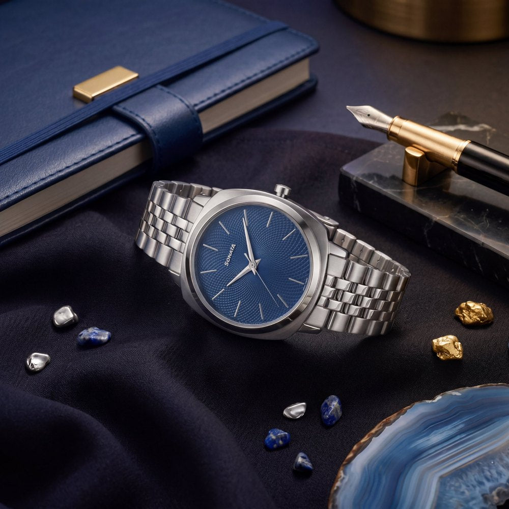Sonata Vector Blue Textured Dial Silver Tone Bracelet Watch for Men image 1