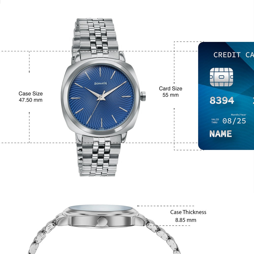 Sonata Vector Blue Textured Dial Silver Tone Bracelet Watch for Men image 4