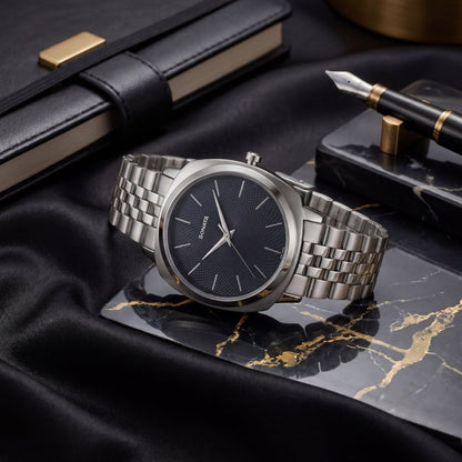 Sonata Vector Black Textured Dial Silver Tone Bracelet Watch for Men image 1
