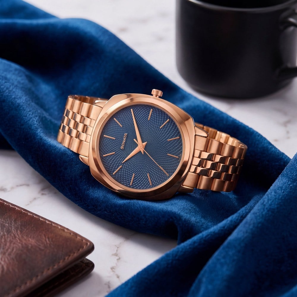 Sonata Vector Blue Dial Rose Gold Tone Bracelet Watch for Men image 1